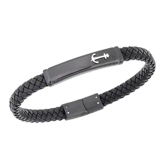 Βραχιόλι Senza Men&#039;s Steel, Black Leather Strap With Anchor