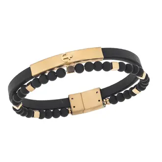 Βραχιόλι Senza Men&#039;s Gold Plated Steel, Black Leather Strap With Anchor