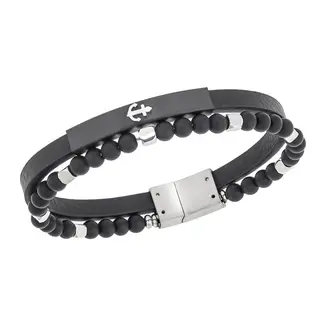 Βραχιόλι Senza Men&#039;s Steel, Black Leather Strap With Anchor