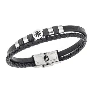 Βραχιόλι Senza Men&#039;s Steel, Black Leather Strap, με τιμόνι και μαύρα στοιχεία