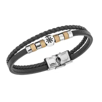 Βραχιόλι Senza Men&#039;s Steel, Black Leather Strap, με τιμόνι και χρυσά στοιχεία