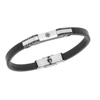 Βραχιόλι Senza Men&#039;s Steel, Black Leather Strap, Σχέδιο με τιμόνι