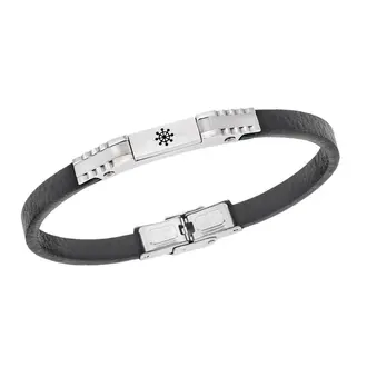 Βραχιόλι Senza Men&#039;s Steel, Black Leather Strap, Σχέδιο με τιμόνι