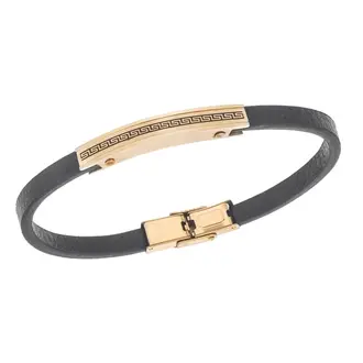 Βραχιόλι Senza Men&#039;s Gold Plated Steel, Black Leather Strap, Σχέδιο με μαίανδρο