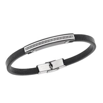Βραχιόλι Senza Men&#039;s Steel, Black Leather Strap, Σχέδιο με μαίανδρο