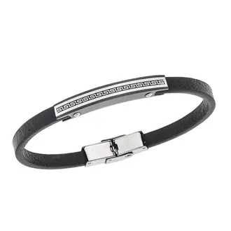 Βραχιόλι Senza Men&#039;s Steel, Black Leather Strap, Σχέδιο με μαίανδρο