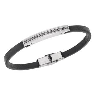 Βραχιόλι Senza Men&#039;s Steel, Black Leather Strap, Σχέδιο με μαίανδρο