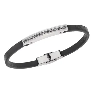 Βραχιόλι Senza Men&#039;s Steel, Black Leather Strap, Σχέδιο με μαίανδρο