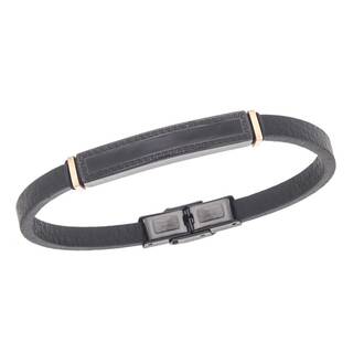 Βραχιόλι Senza Men&#039;s Steel, Black Leather Strap, Ταυτότητα με περιμετρικό μαίανδρο