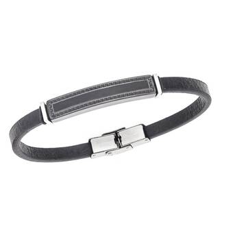 Βραχιόλι Senza Men&#039;s Steel, Black Leather Strap, Ταυτότητα με περιμετρικό μαίανδρο