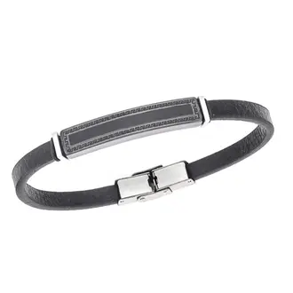 Βραχιόλι Senza Men&#039;s Steel, Black Leather Strap, Ταυτότητα με περιμετρικό μαίανδρο