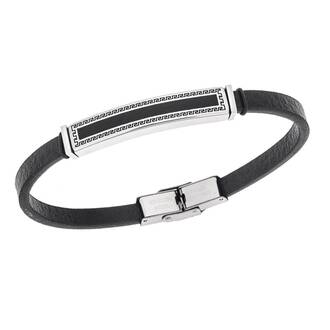 Βραχιόλι Senza Men&#039;s Steel, Black Leather Strap, Ταυτότητα με περιμετρικό μαίανδρο