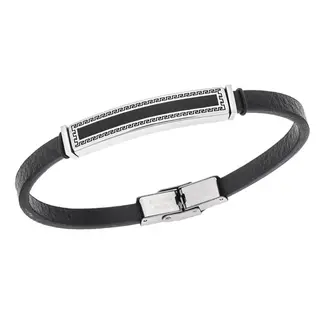 Βραχιόλι Senza Men&#039;s Steel, Black Leather Strap, Ταυτότητα με περιμετρικό μαίανδρο