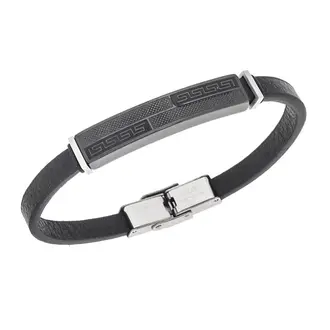 Βραχιόλι Senza Men&#039;s Steel, Black Leather Strap, με σχέδιο από διπλό μαίανδρο