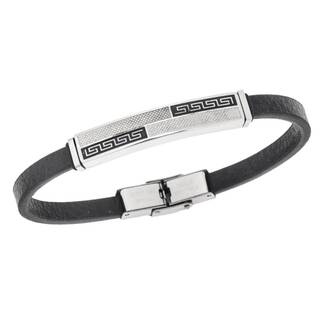 Βραχιόλι Senza Men&#039;s Steel, Black Leather Strap, με σχέδιο από διπλό μαίανδρο