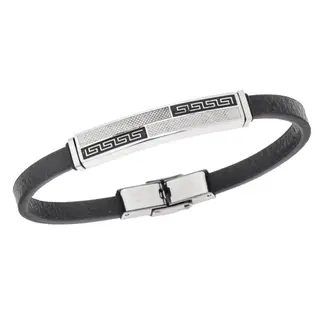 Βραχιόλι Senza Men&#039;s Steel, Black Leather Strap, με σχέδιο από διπλό μαίανδρο