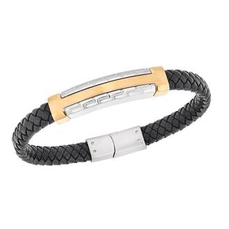 Βραχιόλι Senza Men&#039;s Gold Plated Steel, Black Leather Strap, Δίχρωμο σχέδιο με διπλό μαίανδρο