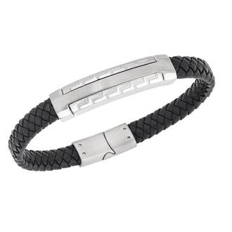 Βραχιόλι Senza Men&#039;s Steel, Black Leather Strap, Δίχρωμο σχέδιο με διπλό μαίανδρο