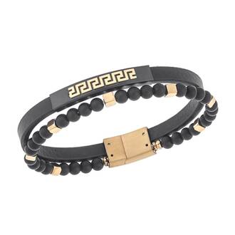 Βραχιόλι Senza Men&#039;s Gold Plated Steel, Black Leather Strap, Διπλό με χρυσό μαίανδρο