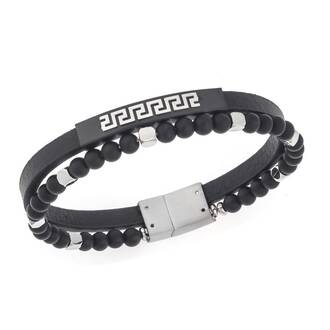 Βραχιόλι Senza Men&#039;s Steel, Black Leather Strap, Διπλό με ασημί μαίανδρο