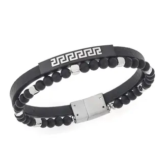 Βραχιόλι Senza Men&#039;s Steel, Black Leather Strap, Διπλό με ασημί μαίανδρο