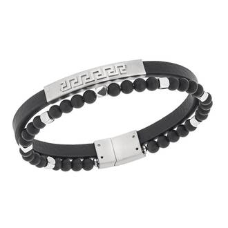 Βραχιόλι Senza Men&#039;s Steel, Black Leather Strap, Διπλό με ασημί μαίανδρο
