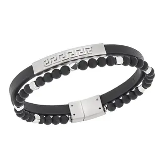 Βραχιόλι Senza Men&#039;s Steel, Black Leather Strap, Διπλό με ασημί μαίανδρο