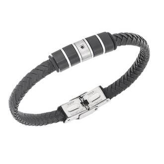 Βραχιόλι Senza Men&#039;s Steel, Black Leather Strap, με ασημί &amp; μαύρα στοιχεία και μαύρη πέτρα