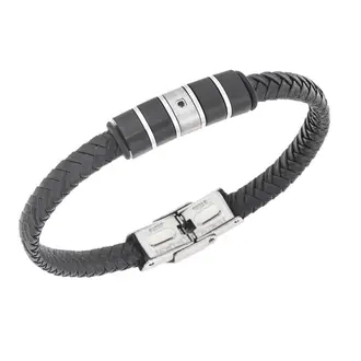 Βραχιόλι Senza Men&#039;s Steel, Black Leather Strap, με ασημί &amp; μαύρα στοιχεία και μαύρη πέτρα