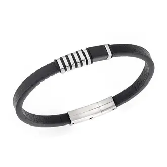 Βραχιόλι Senza Men&#039;s Steel, Black Leather Strap, με ασημί &amp; μαύρα στοιχεία