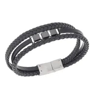 Βραχιόλι τριπλό Senza Men&#039;s Steel, Black Leather Strap, με ασημί &amp; μαύρα στοιχεία