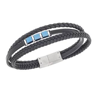 Βραχιόλι τριπλό Senza Men&#039;s Steel, Black Leather Strap, με ασημί &amp; μπλε στοιχεία