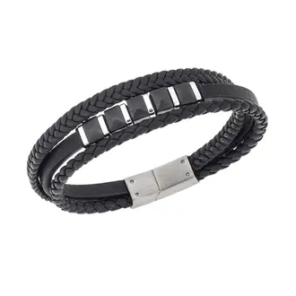 Βραχιόλι τριπλό Senza Men&#039;s Steel, Black Leather Strap, με ασημί &amp; μαύρα στοιχεία