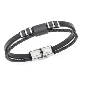 Βραχιόλι διπλό Senza Men&#039;s Steel, Black Leather Strap, με ασημί &amp; μαύρα στοιχεία