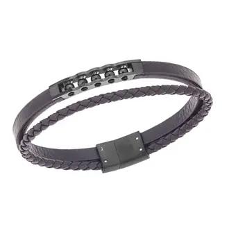 Βραχιόλι διπλό Senza Men&#039;s Steel, Brown Leather Strap, με μαύρο σχέδιο