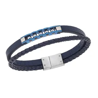 Βραχιόλι διπλό Senza Men&#039;s Steel, Blue Leather Strap, με ασημί &amp; μπλε σχέδιο
