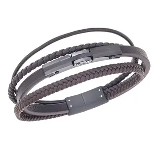 Βραχιόλι τριπλό Senza Men&#039;s Steel, Brown Leather Strap, με μαύρο σχέδιο