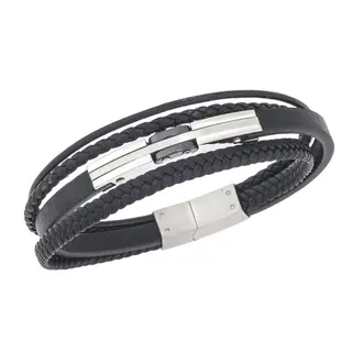 Βραχιόλι τριπλό Senza Men&#039;s Steel, Black Leather Strap, με ασημί &amp; μαύρο σχέδιο