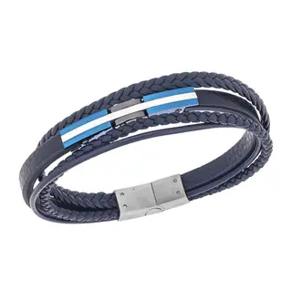 Βραχιόλι τριπλό Senza Men&#039;s Steel, Blue Leather Strap, με ασημί &amp; μπλε σχέδιο
