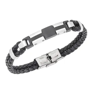 Βραχιόλι διπλό Senza Men&#039;s Steel, Black Leather Strap, με ασημί &amp; μαύρο σχέδιο