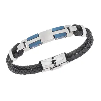 Βραχιόλι διπλό Senza Men&#039;s Steel, Black Leather Strap, με ασημί &amp; μπλε σχέδιο