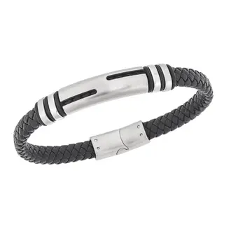 Βραχιόλι Senza Men&#039;s Steel, Black Leather Strap, με ασημί σχέδιο