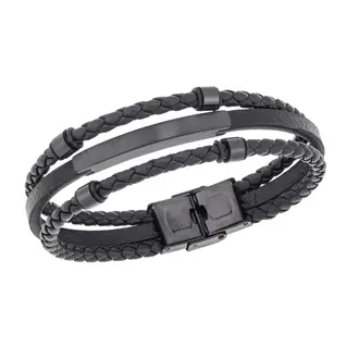 Βραχιόλι τριπλό Senza Men&#039;s Steel, Black Leather Strap, με μαύρη ταυτότητα και στοιχεία