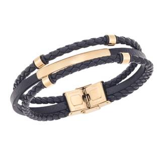 Βραχιόλι τριπλό Senza Men&#039;s Gold Plated Steel, Black Leather Strap, με χρυσή ταυτότητα και στοιχεία