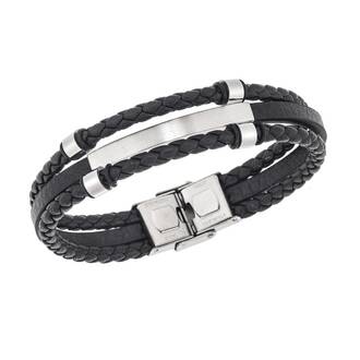 Βραχιόλι τριπλό Senza Men&#039;s Steel, Black Leather Strap, με ασημί ταυτότητα και στοιχεία