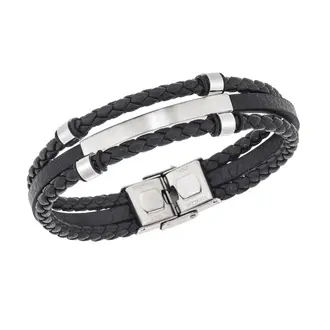 Βραχιόλι τριπλό Senza Men&#039;s Steel, Black Leather Strap, με ασημί ταυτότητα και στοιχεία
