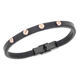 Βραχιόλι Senza Men&#039;s Rose Gold Plated Steel, Black Leather Strap, με Rose Gold στοιχεία