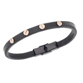 Βραχιόλι Senza Men&#039;s Rose Gold Plated Steel, Black Leather Strap, με Rose Gold στοιχεία