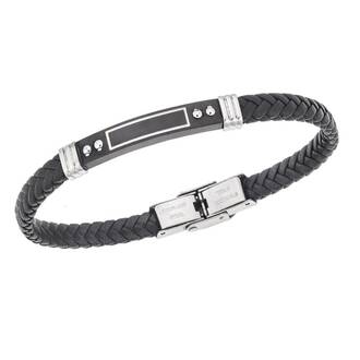 Βραχιόλι Senza Men&#039;s Steel, Black Leather Strap, με μαύρη ταυτότητα