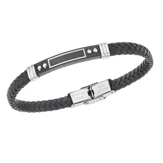 Βραχιόλι Senza Men&#039;s Steel, Black Leather Strap, με μαύρη ταυτότητα